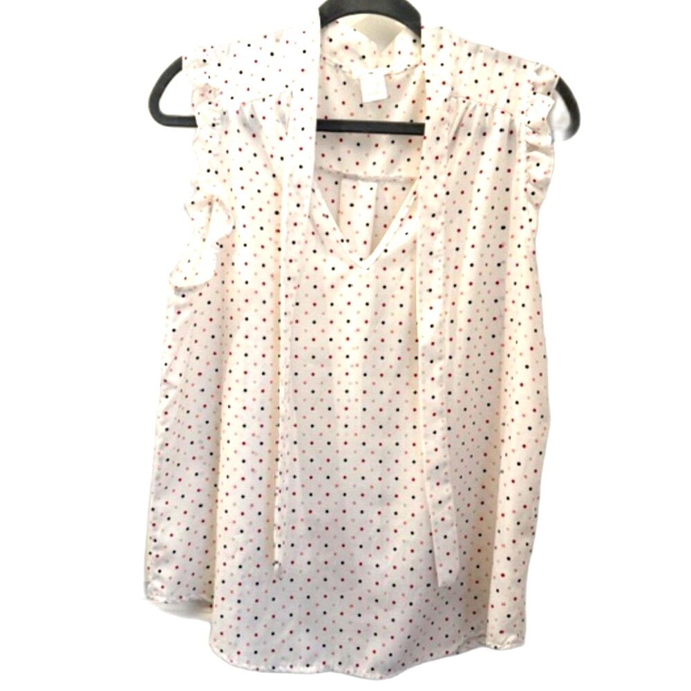 Trendy JS Polka Dot Blouse Size M Tie Neck Sleeveless Ruffle Top